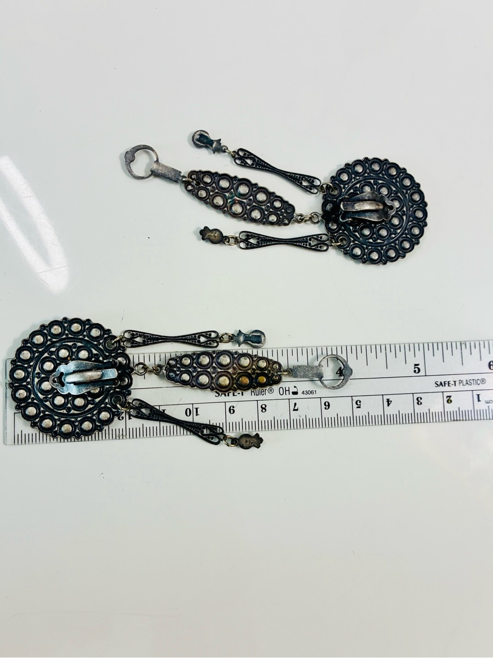 Antique Silver-Tone Art Deco Revival Dark Swarovski Dangle Clip Earrings 90s EUC - Picture 11 of 12